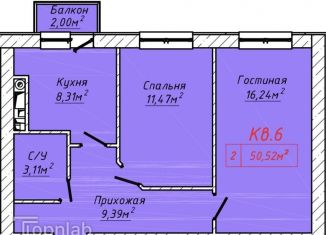 Продается 2-комнатная квартира, 50.5 м2, Нальчик, улица Головко, 200, район Затишье