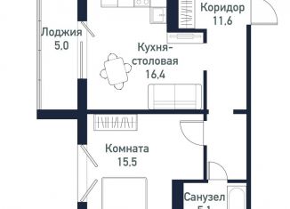 Продам 1-комнатную квартиру, 48.5 м2, посёлок Западный, улица имени Капитана Ефимова, 4