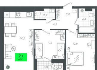 Продаю двухкомнатную квартиру, 60.1 м2, Тюмень, улица Василия Малкова, 7