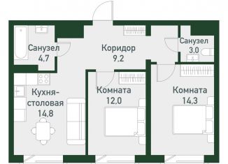 2-ком. квартира на продажу, 59.3 м2, посёлок Западный, Кременкульская улица, 32