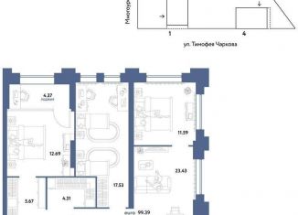 Четырехкомнатная квартира на продажу, 99.4 м2, Тюмень, улица Тимофея Чаркова, 93, ЖК Звёздный