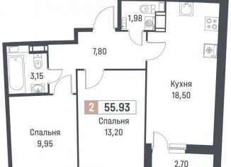 2-комнатная квартира на продажу, 54.6 м2, Мурино, ЖК Авиатор