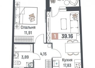 1-комнатная квартира на продажу, 39.2 м2, Мурино