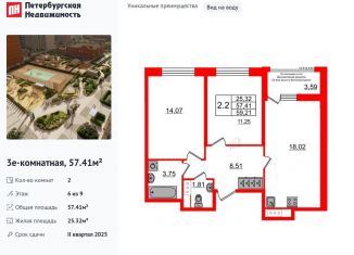 2-комнатная квартира на продажу, 57.4 м2, Санкт-Петербург, муниципальный округ Лиговка-Ямская, проспект Обуховской Обороны, 1А