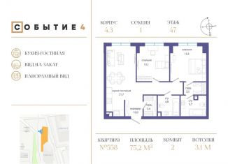 2-ком. квартира на продажу, 75.2 м2, Москва