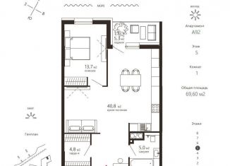 Продам 1-ком. квартиру, 69.6 м2, Калининградская область