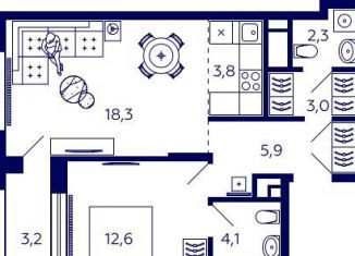 Квартира на продажу со свободной планировкой, 51.6 м2, Уфа, Октябрьский район, улица Энтузиастов, 7