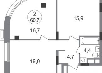 Продам 2-комнатную квартиру, 60.7 м2, Московская область