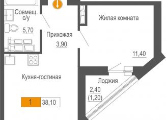 Продаю однокомнатную квартиру, 38.1 м2, Свердловская область, улица Академика Бардина, 21