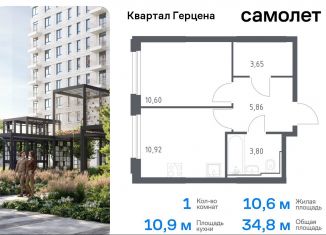 Продам 1-комнатную квартиру, 34.8 м2, Москва, жилой комплекс Квартал Герцена, к2, метро Зябликово