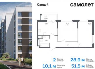 Двухкомнатная квартира на продажу, 51.5 м2, Санкт-Петербург, жилой комплекс Сандэй, 7.2, метро Проспект Ветеранов