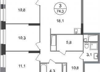 Продажа 3-комнатной квартиры, 74.3 м2, Московский