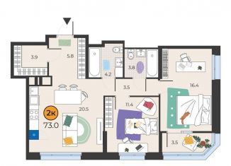 Продам двухкомнатную квартиру, 73 м2, Тюмень, улица Эльвиры Федоровой, 1к1, Восточный округ