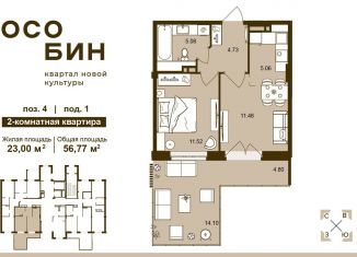 2-ком. квартира на продажу, 56.8 м2, Брянск