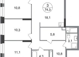 Продается 3-ком. квартира, 74.3 м2, Московский