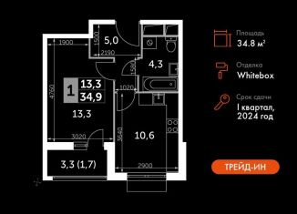 Продам 1-ком. квартиру, 34.8 м2, посёлок Развилка, Римский проезд, 13