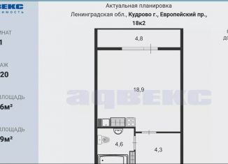 Продается квартира студия, 27.6 м2, Кудрово, Европейский проспект, 18к2, ЖК Европейский