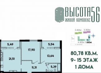 3-комнатная квартира на продажу, 80.8 м2, Калининград, Солдатская улица, 9к4