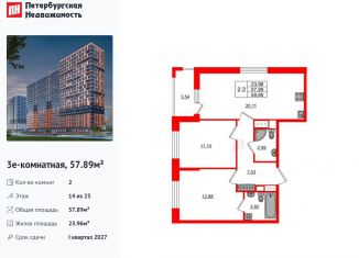 Двухкомнатная квартира на продажу, 57.9 м2, деревня Новосаратовка