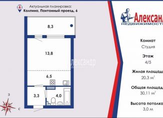 Продается квартира студия, 30.1 м2, Колпино, Понтонный проезд, 6