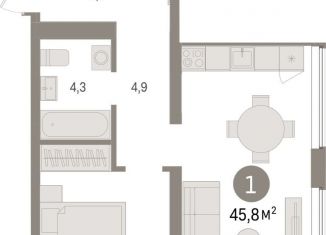 Продаю 1-ком. квартиру, 45.8 м2, Тюмень, Центральный округ