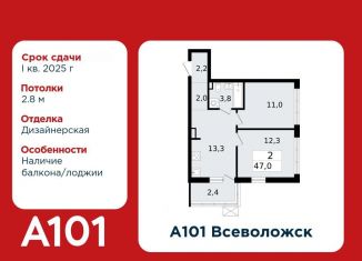 Продается двухкомнатная квартира, 47 м2, Всеволожск, микрорайон Южный, 3.3