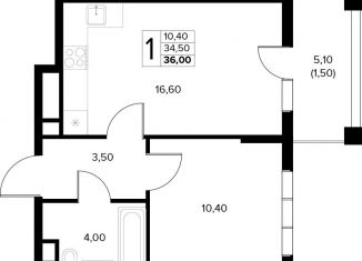 Однокомнатная квартира на продажу, 36 м2, Краснодарский край