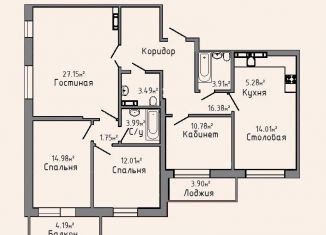4-комнатная квартира на продажу, 122 м2, Липецк, улица Богдана Хмельницкого, 3, ЖК На Хмельницкого