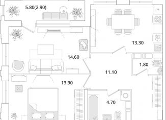 Двухкомнатная квартира на продажу, 61.8 м2, Санкт-Петербург, Планерная улица, 99, метро Комендантский проспект