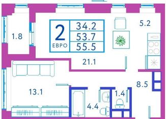 Продается 1-комнатная квартира, 53.7 м2, Мытищи