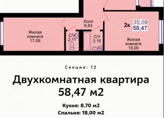 Продаю двухкомнатную квартиру, 58.7 м2, Калининград, ЖК Янтарный, Елизаветинская улица, 1Б