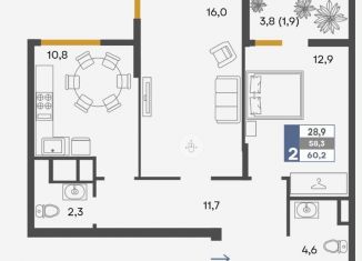 Продаю 2-ком. квартиру, 60.2 м2, Симферополь, улица Зои Жильцовой, 13Б, Киевский район