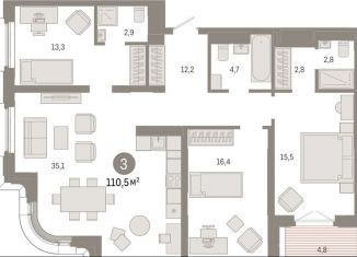 3-комнатная квартира на продажу, 110.5 м2, Екатеринбург, улица Некрасова, 8, метро Динамо