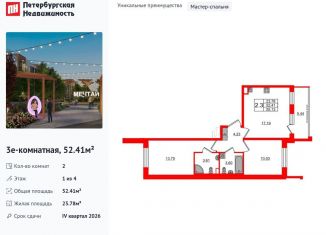 Продаю 2-комнатную квартиру, 52.4 м2, посёлок Шушары