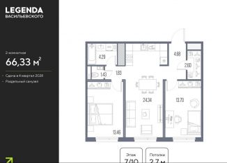 2-комнатная квартира на продажу, 66.3 м2, Санкт-Петербург, метро Василеостровская