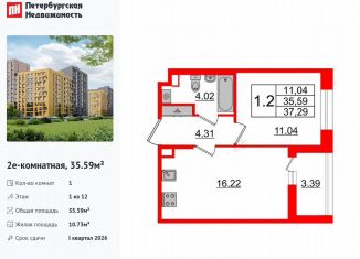 1-комнатная квартира на продажу, 35.6 м2, Санкт-Петербург, метро Комендантский проспект