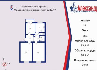 3-ком. квартира на продажу, 75.4 м2, Санкт-Петербург, Среднеохтинский проспект, 2В/17, Красногвардейский район