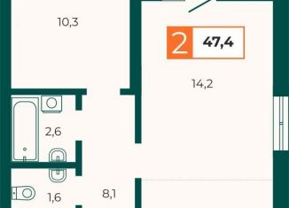 Двухкомнатная квартира на продажу, 47.4 м2, Екатеринбург, Верх-Исетский район, Отрадная улица, с1/2