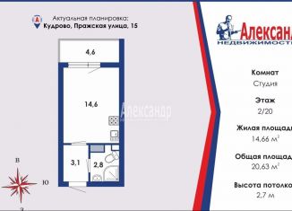 Продажа квартиры студии, 20.6 м2, Кудрово, Пражская улица, 15