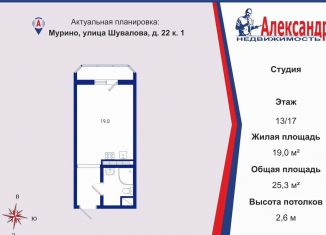 Продается квартира студия, 25.3 м2, Мурино, улица Шувалова, ЖК Витамин