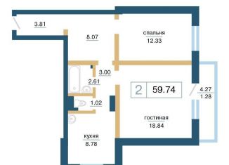 Двухкомнатная квартира на продажу, 59.7 м2, Красноярск