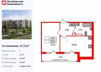 1-ком. квартира на продажу, 42.3 м2, посёлок Шушары