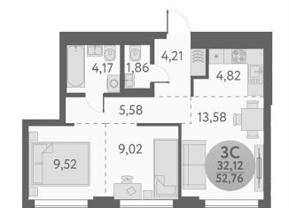 3-комнатная квартира на продажу, 52.8 м2, Новосибирск