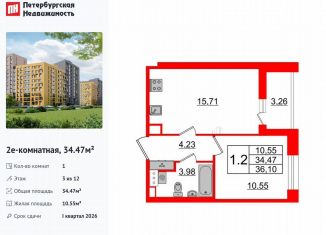 Продаю однокомнатную квартиру, 34.5 м2, Санкт-Петербург, муниципальный округ Коломяги