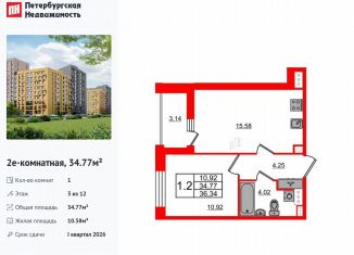 Продается однокомнатная квартира, 34.8 м2, Санкт-Петербург, муниципальный округ Коломяги