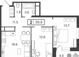 Продам 2-ком. квартиру, 59.9 м2, Тюмень, Центральный округ, улица Мельникайте, 2к18