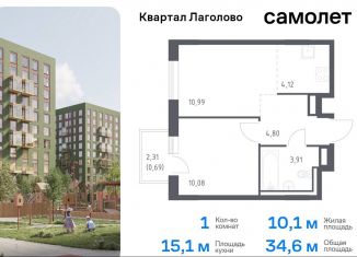 1-комнатная квартира на продажу, 34.6 м2, деревня Лаголово, жилой комплекс Квартал Лаголово, 1