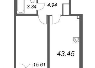 1-комнатная квартира на продажу, 43.5 м2, Санкт-Петербург, Туристская улица, муниципальный округ № 65