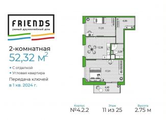 Продам двухкомнатную квартиру, 52.3 м2, Санкт-Петербург, метро Парнас, набережная реки Каменки, 13к1