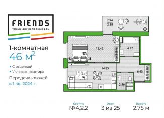 Продажа однокомнатной квартиры, 46 м2, Санкт-Петербург, ЖК Френдс, набережная реки Каменки, 13к1